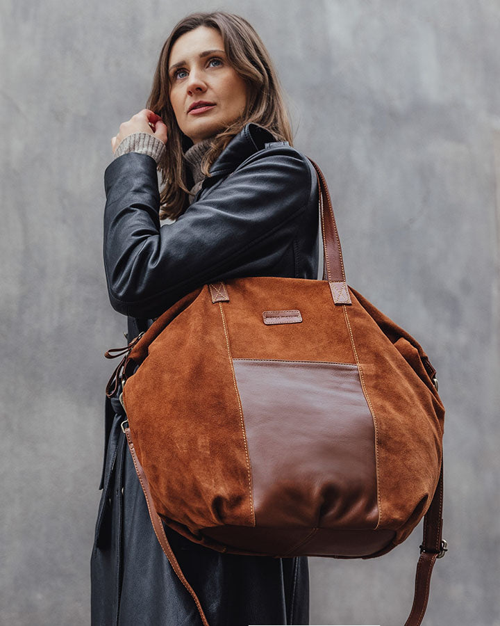 Large suede Shopper shoulder bag crossbody black and brown with