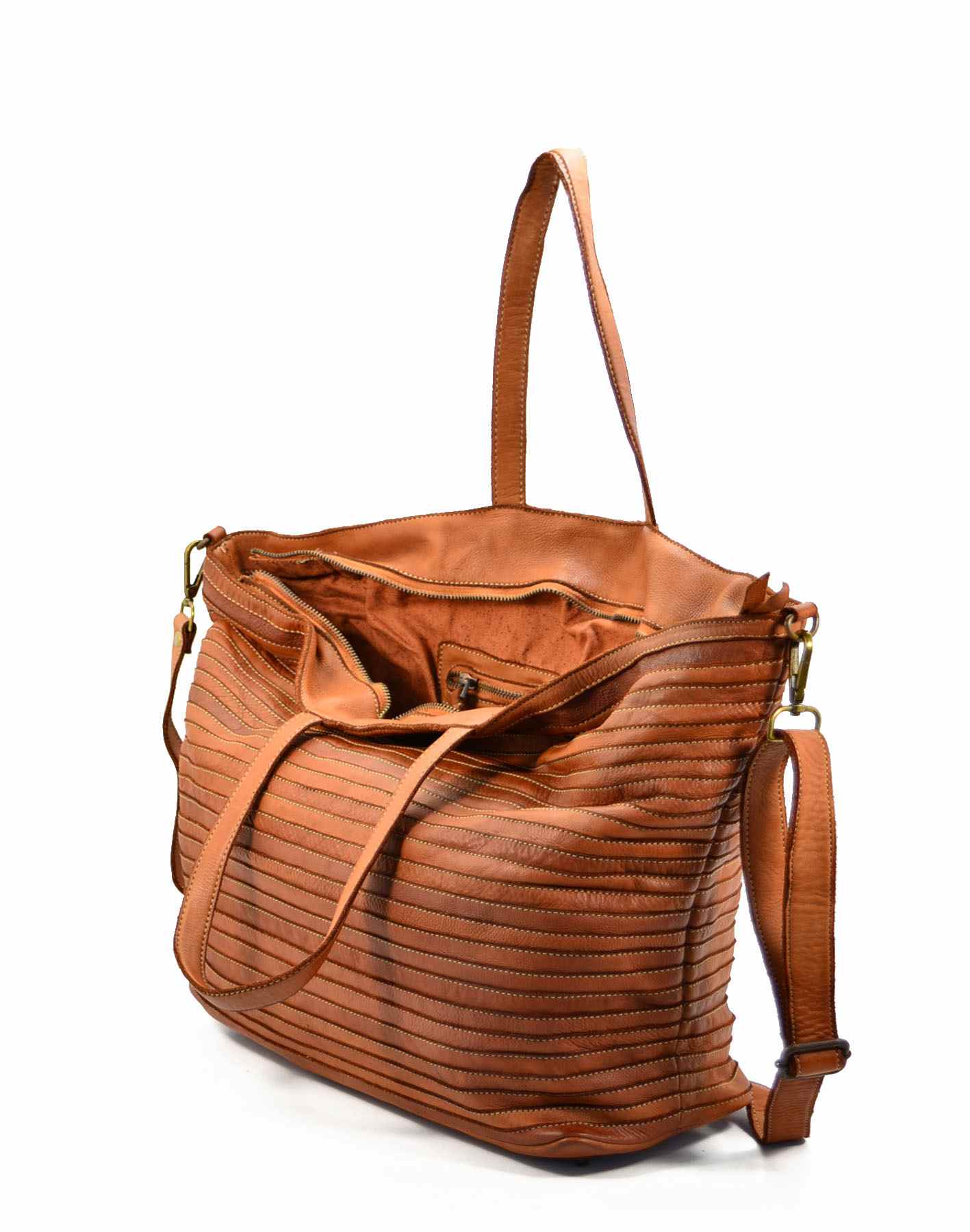 LINARE● Stepp-Optik Handtasche Tote Bag aus Leder für Damen mit Vintage-Effekt. Schwarz & Braun