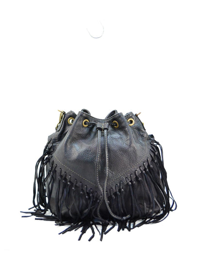 FRAZI● Fringed bucket bag made of soft leather. Black, cognac