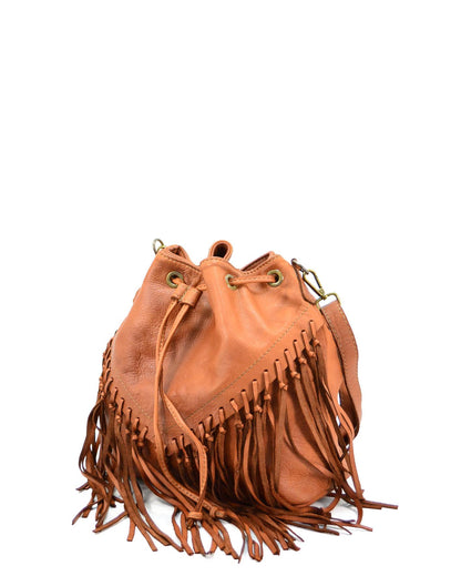 FRAZI● Fringed bucket bag made of soft leather. Black, cognac