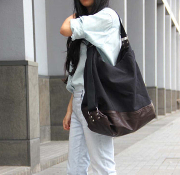 Damen Canvastasche Schultertasche Beuteltasche aus Canvas & Kunstleder- Schwarz & Braun