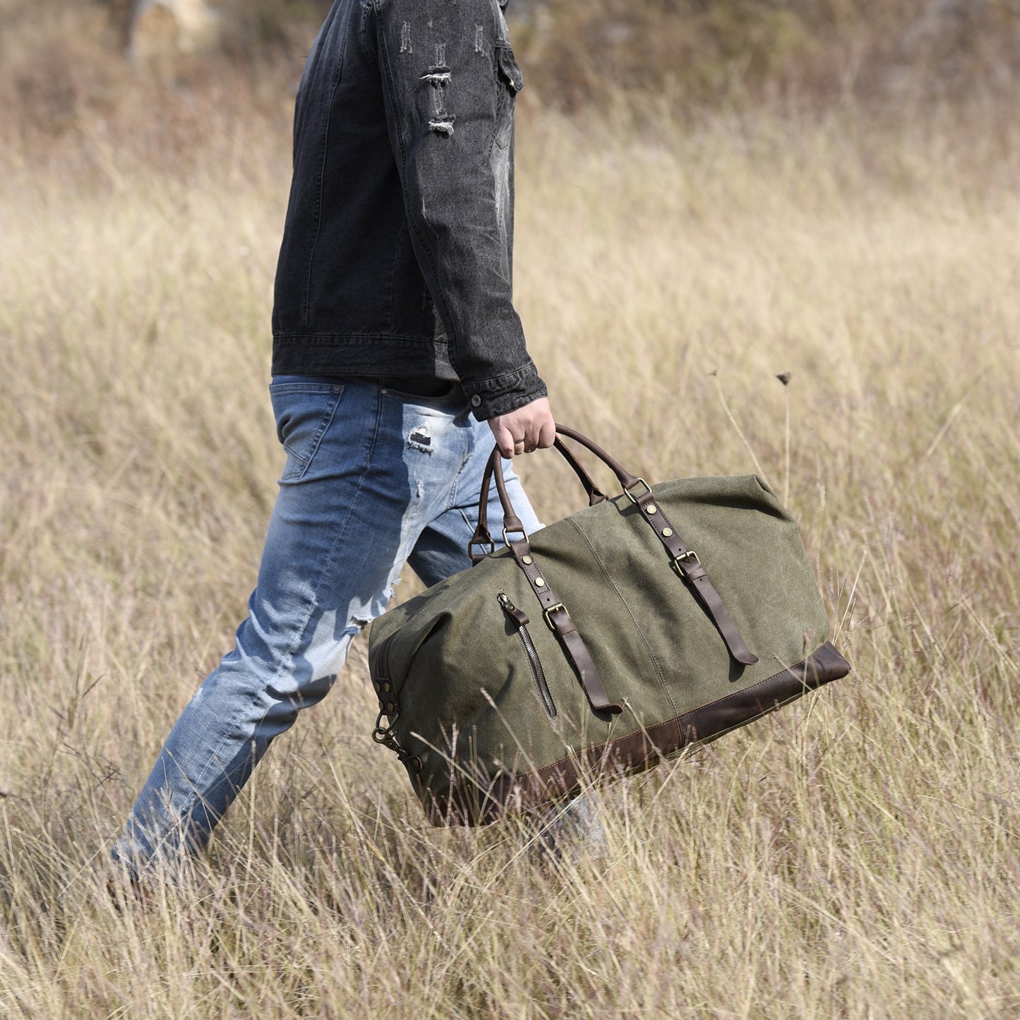 WaxTraveler™ XL Canvas Reisetasche Weekender Damen Herren aus gewachste Segeltuch & Leder