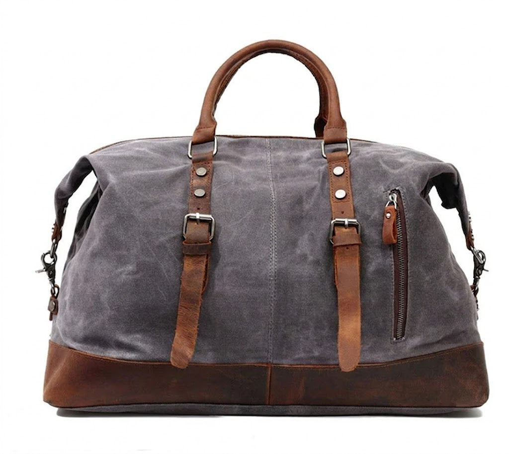 Grau WaxTraveler™XL Damen / Herren Canvas Reisetasche Weekender. Gewachste Segeltuch & Leder Sacktaschen.com