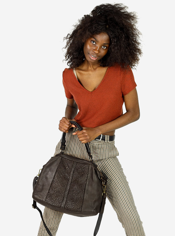 ADELE™ Italian leather shopper bag with hand-woven leather panel.