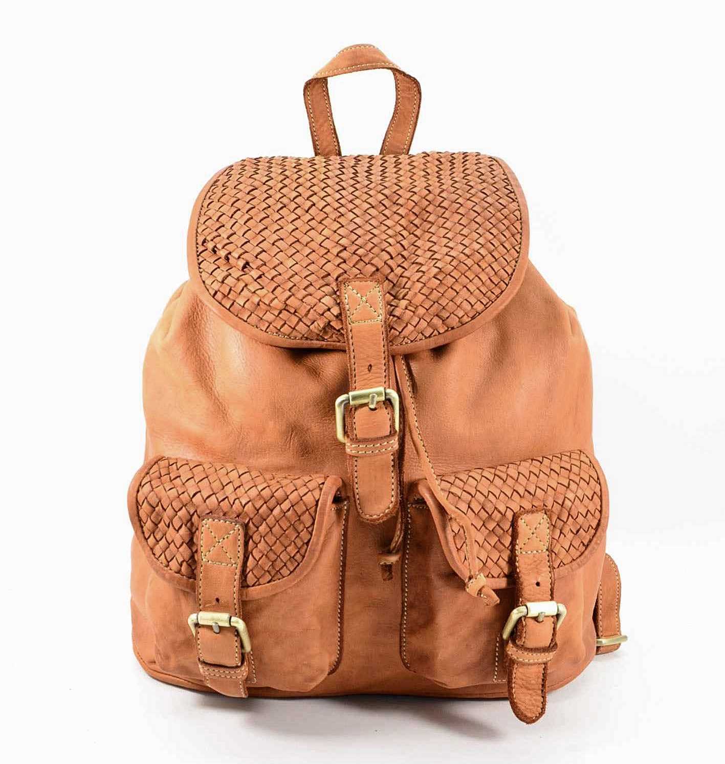 Classic leather flap backpack vintage brown black cognac for women and men with drawstring with flap with front pockets made of soft Italian