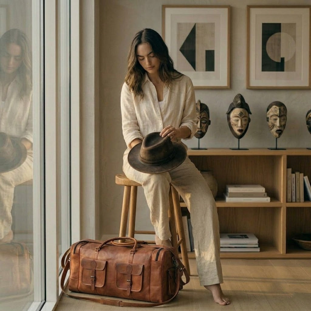 Ästhetisches Lifestyle-Foto in einem minimalistisch eingerichteten Zimmer mit einer Frau, die ihre große braune Naturleder-Reistasche für die nächste Reise packt; das XL-Raumwunder steht elegant auf dem Design-Boden.