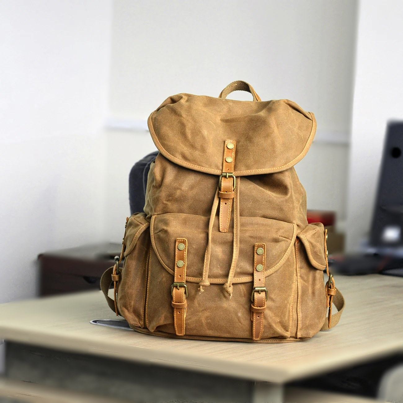 VINTAGE ART II™ Groß Retro School rucksack Beutel Rucksack aus gewachste Canvas mit Leder. Unisex 15-Zoll