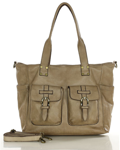 SOSANA. Alltag Schultertasche - Shopper bag aus Italienische Leder für Damen Beige-taupe