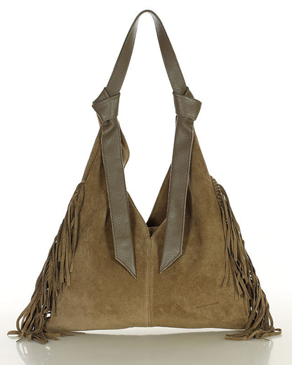 BINOTTO WILD™ Damen Hobo Beuteltasche und Umhängetasche aus italienischem Wildleder beige-taupe