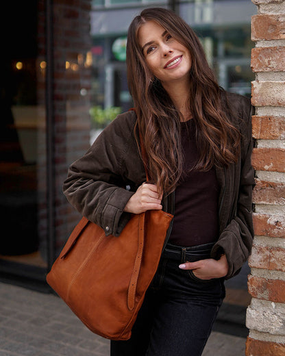 Cognac Women's Leather Tote Bag with Adjustable Handles_18 Sacktas.com.com