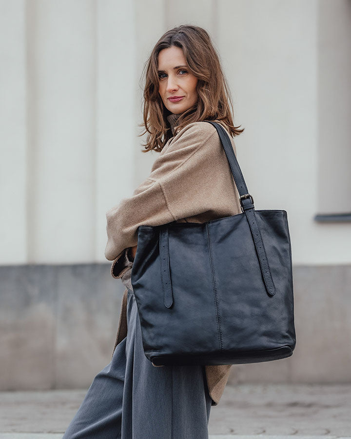 Black Women's Leather Tote Bag with Adjustable Handles_24 Sacktas.com.com