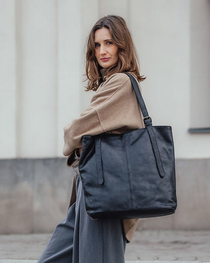 Black Women's Leather Tote Bag with Adjustable Handles_24 Sacktas.com.com