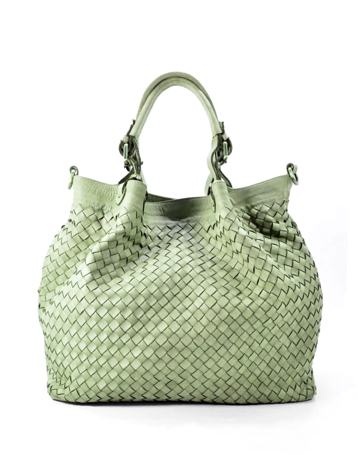 green mint BASKET L● Leather handbag made of soft braided leather Sacktaschen.com