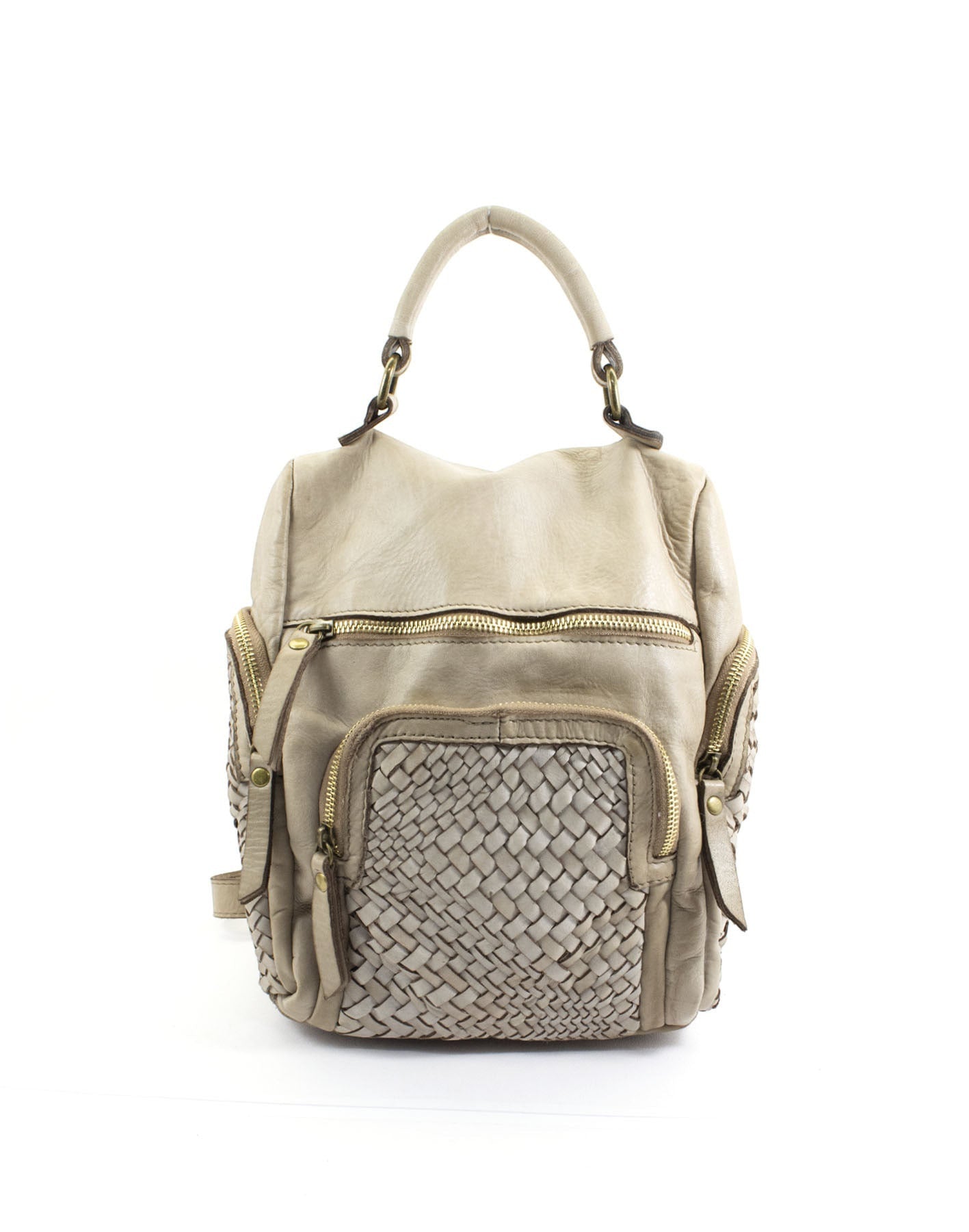 Minimalistischer Lederrucksack 2in1 mittelgroß Beige Taupe für Damen aus stückgefärbtem Rindsleder mit Reißverschluss Frontansicht