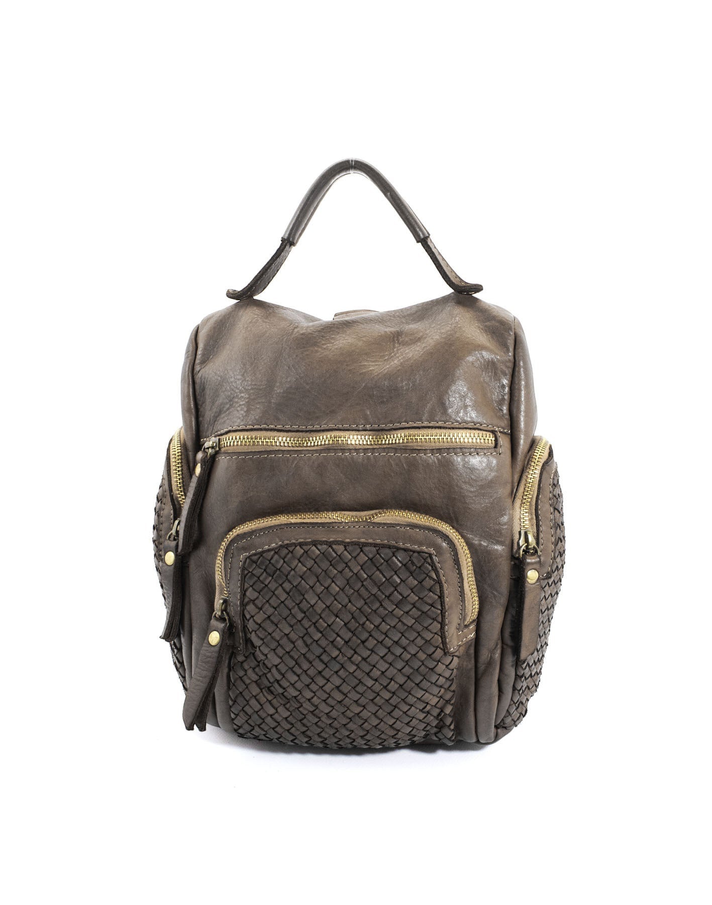 Vintage Lederrucksack Damen Braun aus pflanzlich gegerbtem italienischem Rindsleder mit Reißverschluss und Details aus geflochtenem Leder