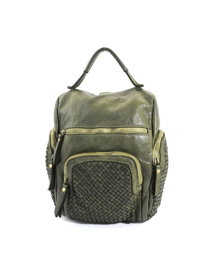 Exklusiver Cityrucksack Leder Damen Dunkelgrün im Vintage Look aus weichem italienischem Echtleder pflanzlich gegerbt mit Flechtdetails