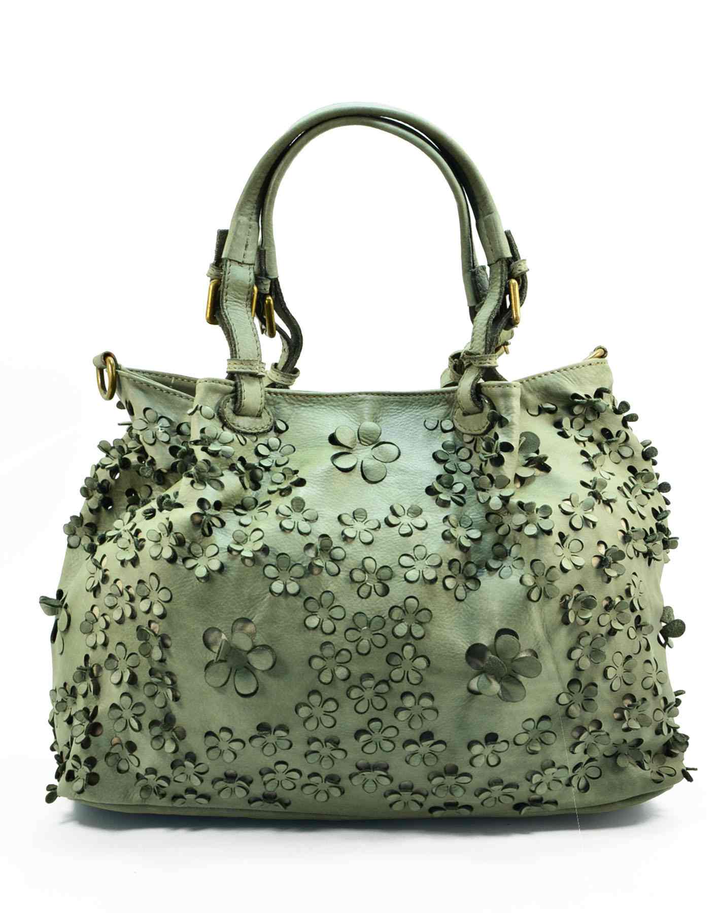 (outlet) FIORINO● XL Ledertasche Handtasche Damen aus Italianische Leder mit blumenmuster Grun