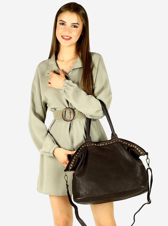 №83 Loretta Grand sac cabas femme cuir noir brun - avec bandoulière - sac  cabas cuir porté épaule avec fermeture éclair