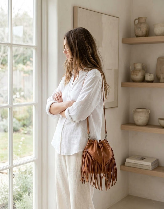 FRAZI● Fransen Bucket Bag aus weichem Leder. Schwarz, Cognac Sacktaschen.com