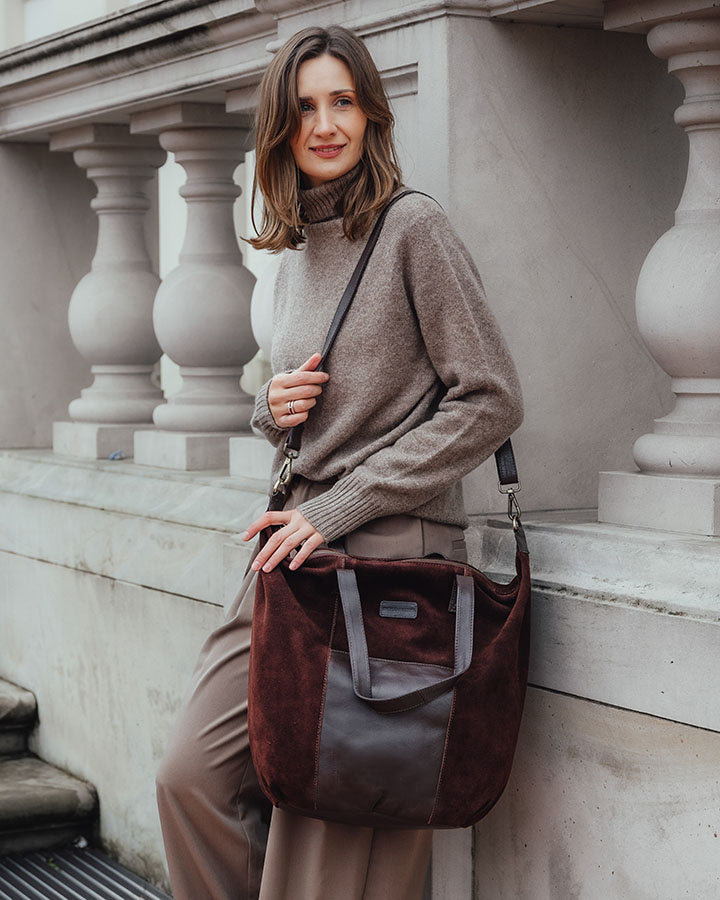 Large suede Shopper shoulder bag crossbody black and brown with