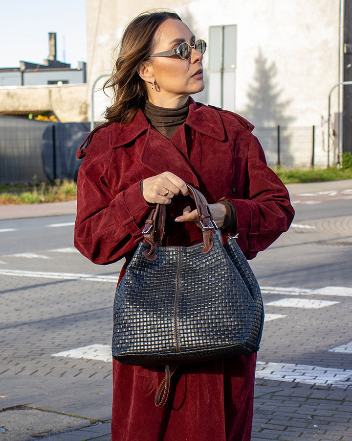 BUCKETBAG™ Damen Leder Beuteltasche mit Flechtprägung.