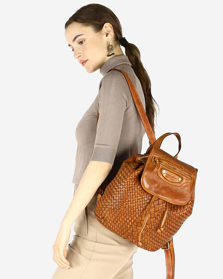 MONACO 2in1 Damen Lederrucksack aus geflochten Leder im Vintage Stil