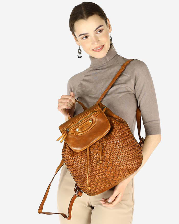 MONACO 2in1 Damen Lederrucksack aus geflochten Leder im Vintage Stil