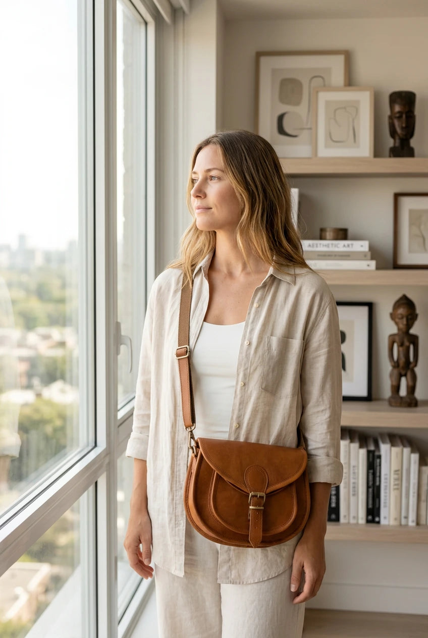 Klassische Vintage-Ledertasche mit Umhängeband als individuelles Accessoire für einen natürlichen Look.