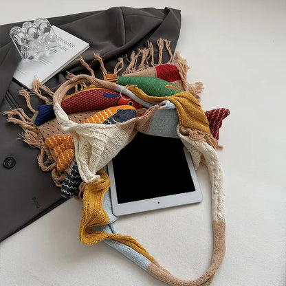 Gewebte Damen Boho-Umhängetasche mit Fischen aus Garn