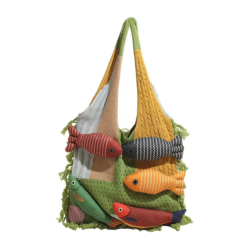 Gewebte Damen Boho-Umhängetasche mit Fischen aus Garn Grün
