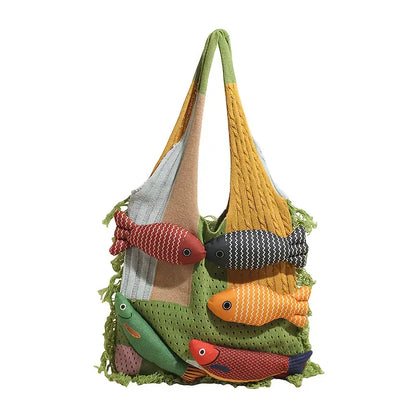 Gewebte Damen Boho-Umhängetasche mit Fischen aus Garn Grün