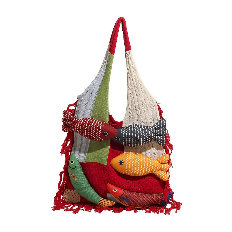 Gewebte Damen Boho-Umhängetasche mit Fischen aus Garn Rot