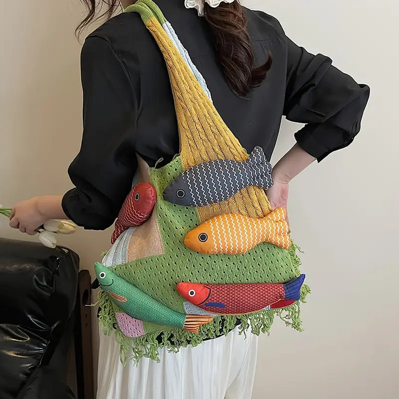 Gewebte Damen Boho-Umhängetasche mit Fischen aus Garn