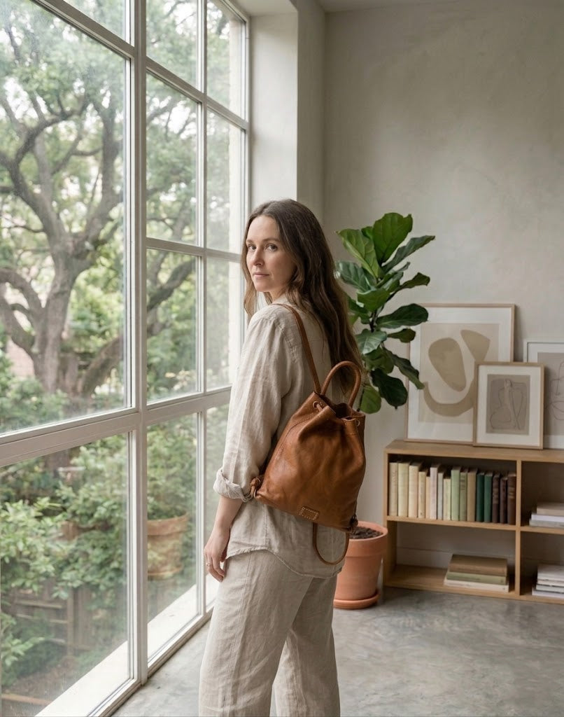 Backpack women leather black brown cognac. City backpack in vintage style for women – Sacktaschen