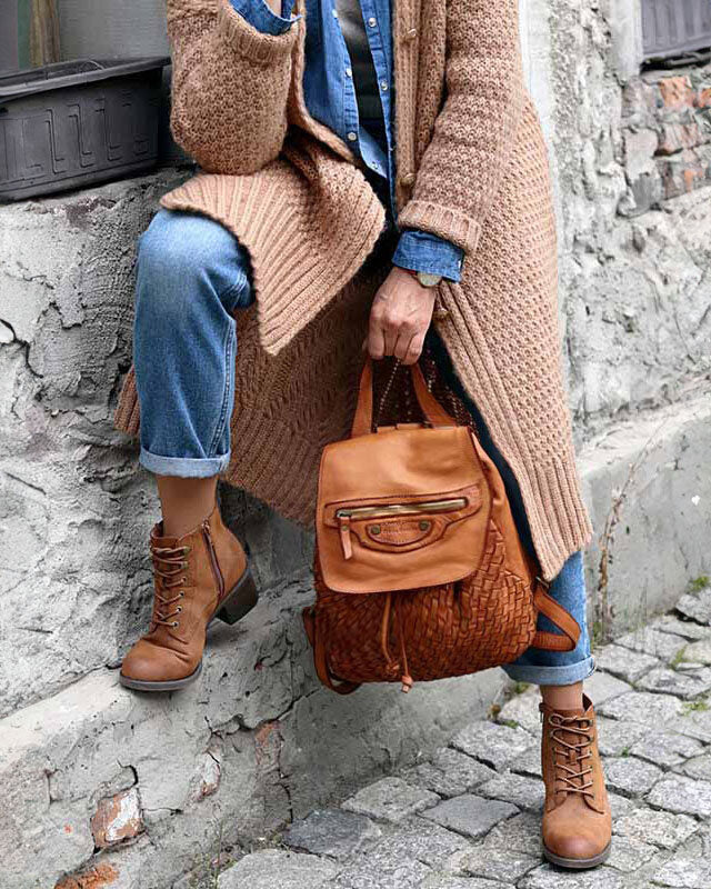 MONACO 2in1 Damen Lederrucksack aus geflochten Leder im Vintage Stil