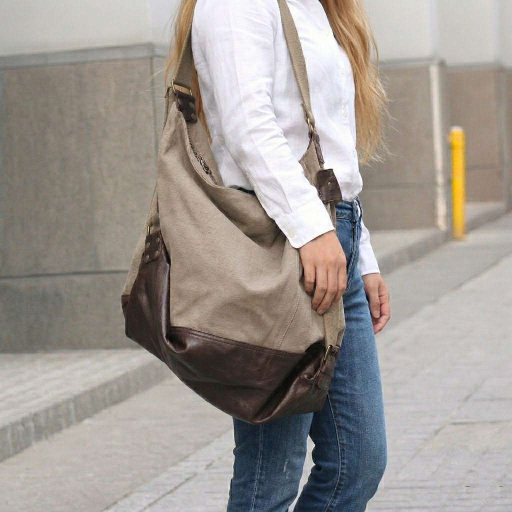 Detailansicht der SAFFI HOBO Beuteltasche in Khaki-Braun aus robustem Segeltuch mit dunkelbraunen Kunstleder-Elementen, getragen von einer Frau im Alltag