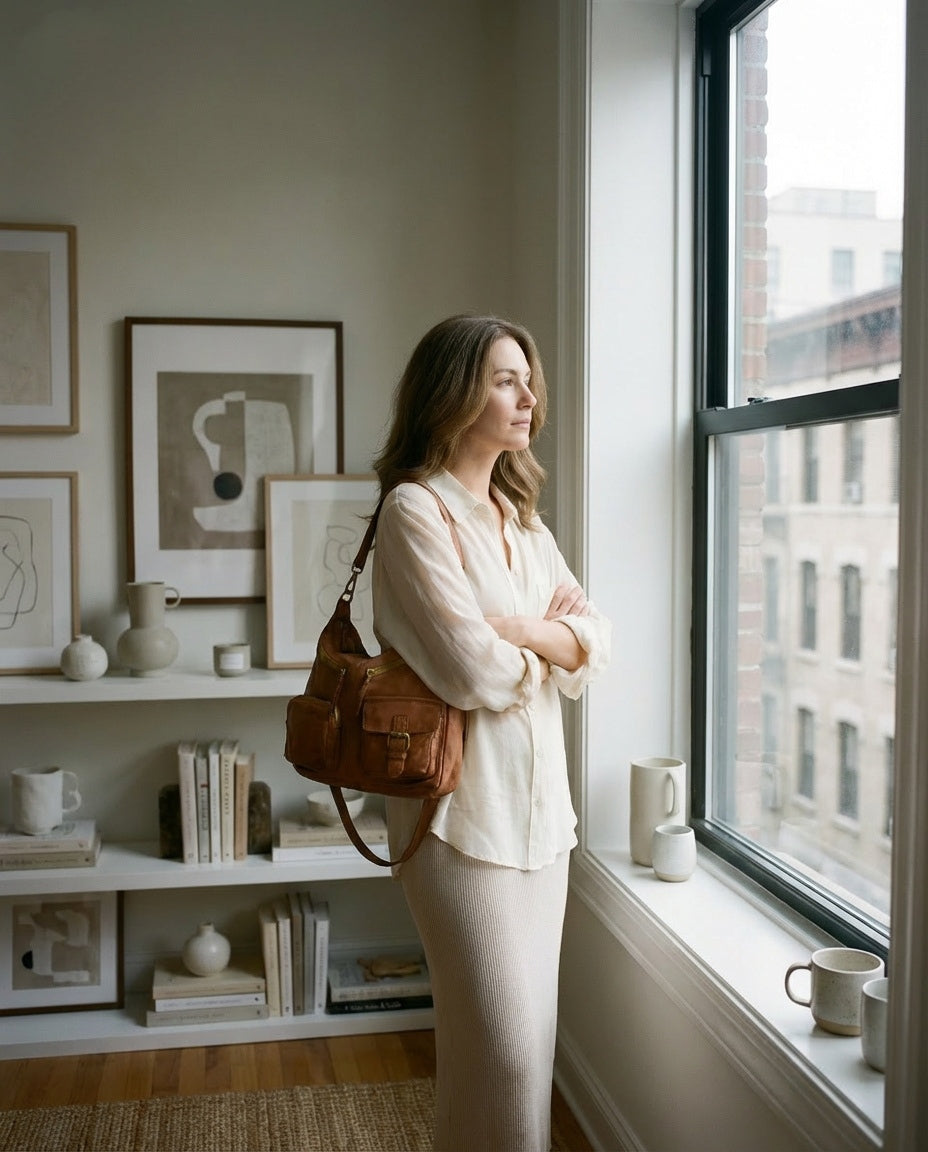 Zeitlose Leder Beuteltasche Damen im Vintage-Look bequem über der Schulter getragen hochwertiger Alltagsbegleiter