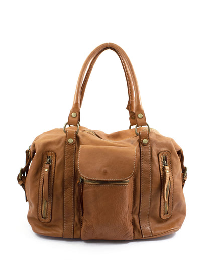 cognac BOHO● Damen Bowling-Schultertasche aus italienischem Leder - BOHO Still Sacktaschen.com