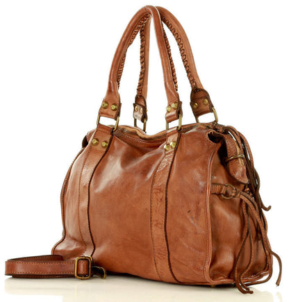 BOHO shoulder bag - bowling bag made of vintage leather with rivets and fringes