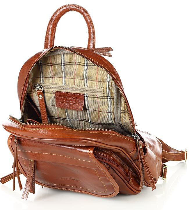 Kleiner Damen Lederrucksack - Cityrucksack mit vielen Taschen. Braun &  Schwarz – Sacktaschen