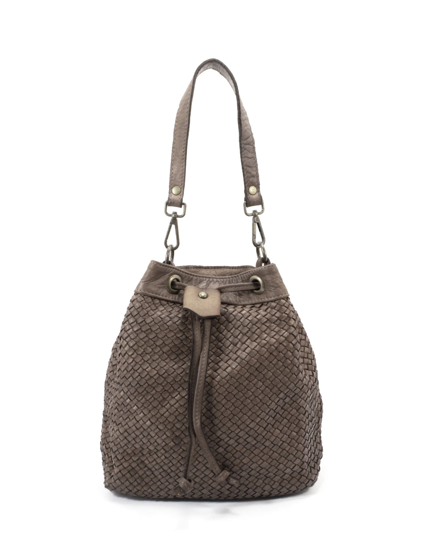 Bucket Bag Damen in klassischem Braun aus pflanzlich gegerbtem Echtleder mit edler, handgeflochtener Textur
