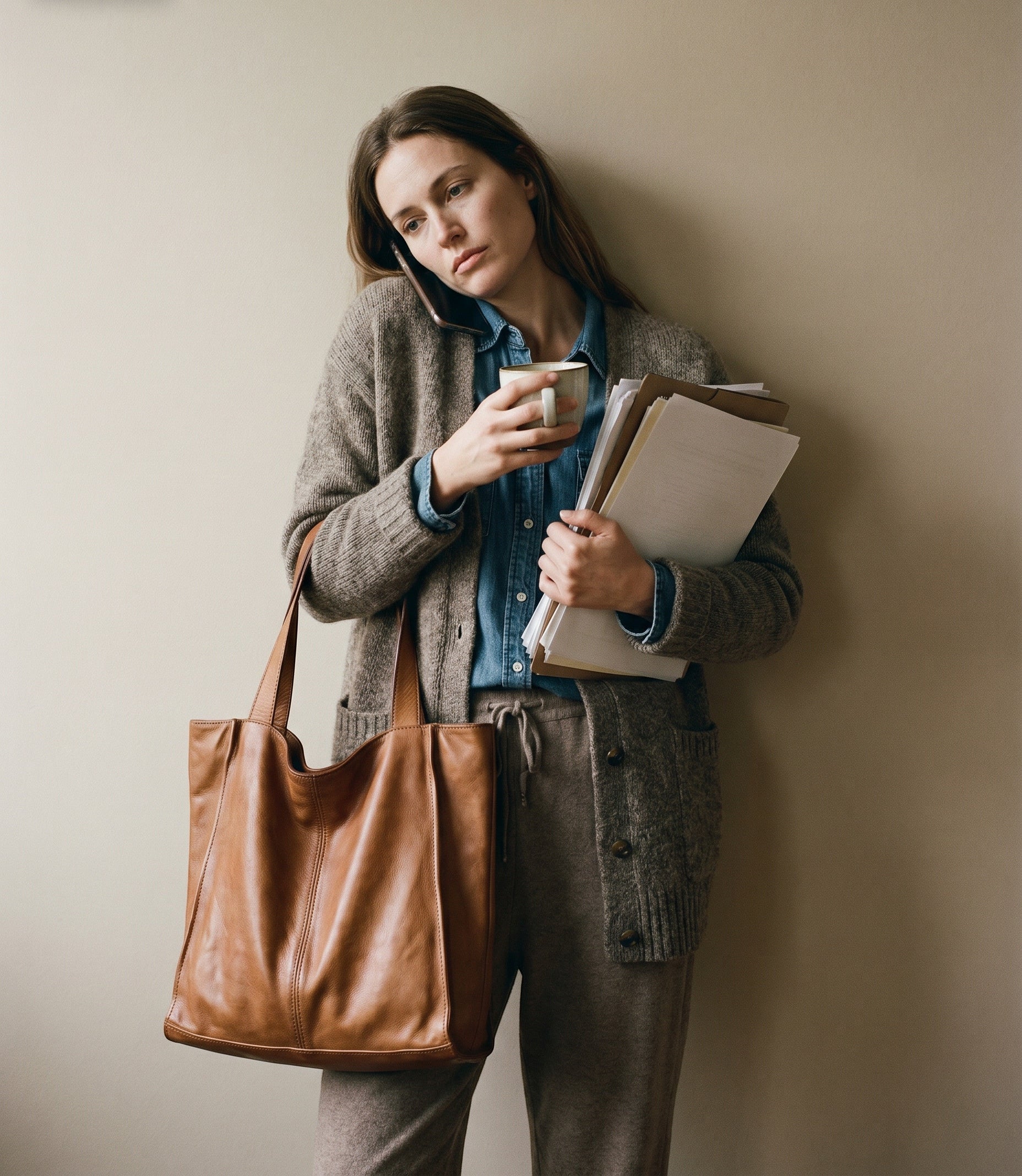 Eine berufstätige Frau telefoniert mit dem Smartphone, hält Dokumente und eine Kaffeetasse, während sie eine elegante cognacbraune Leder-Shopper-Tasche über dem Unterarm trägt