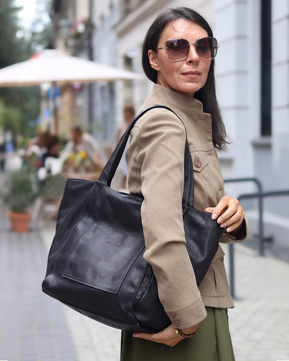 CALDERA. Women's Shopper Bag Tote from Natural Leather BLACK