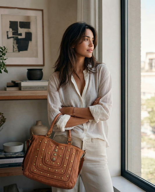 CAMPINO● Shopper Tasche aus weiches leder mit nieten und reißverschluss - cognac (Abschied vom Modell) Sacktaschen.com