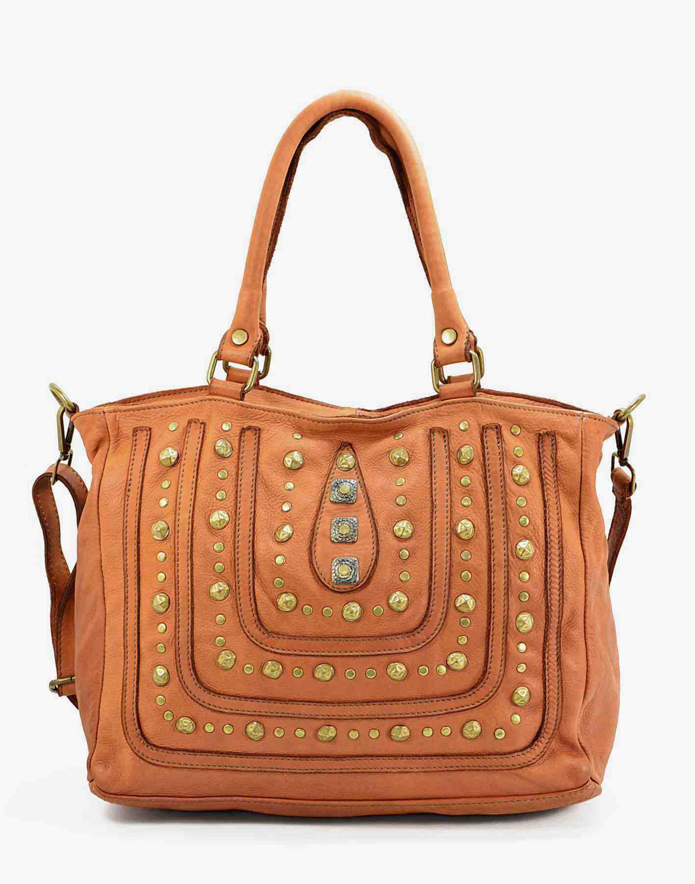 CAMPINO● Tote bag in soft leather with rivets and zip cognac