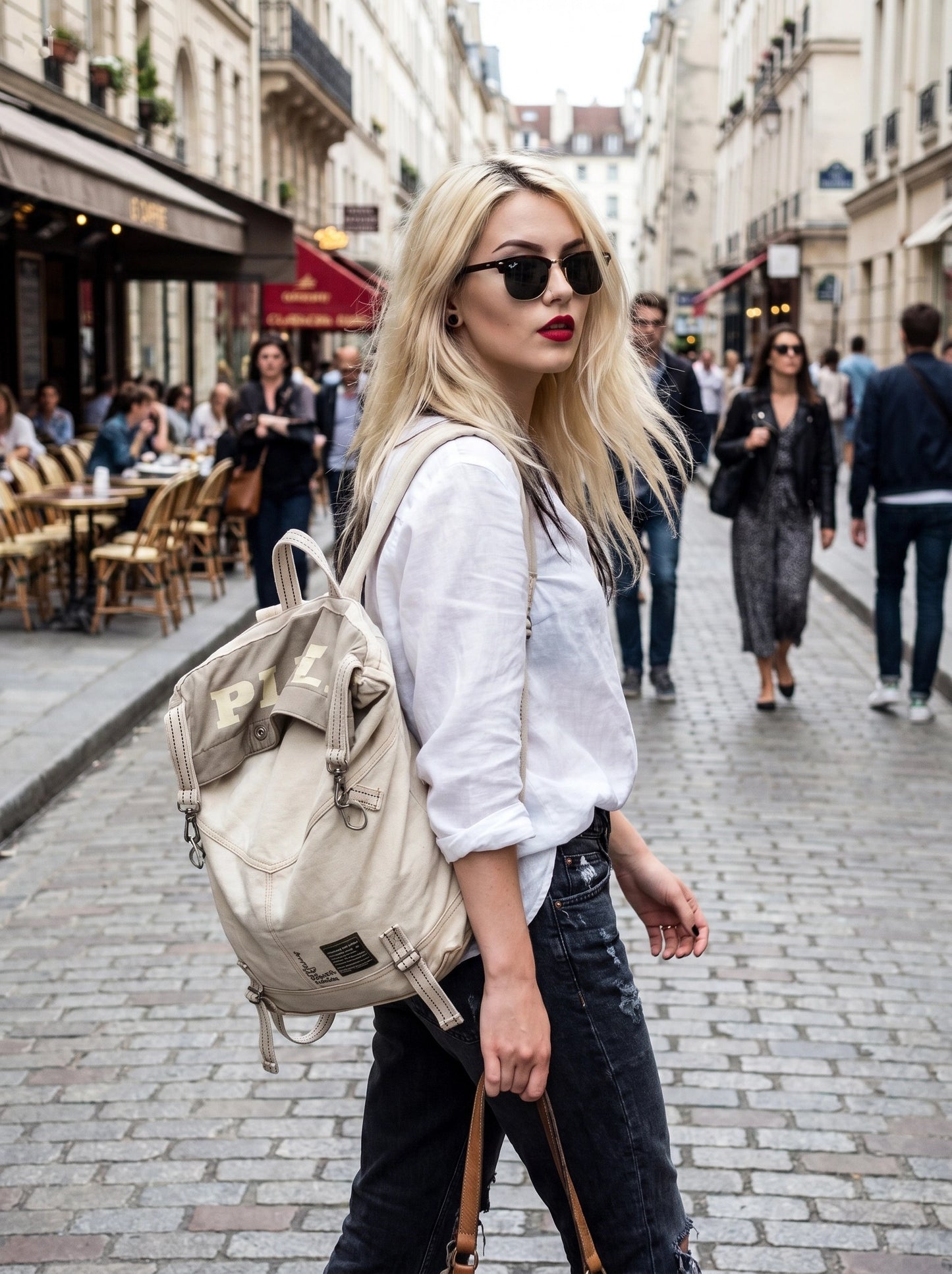 Canvas Rucksack Bag Women 2in1 worn as a backpack in urban outdoor everyday life