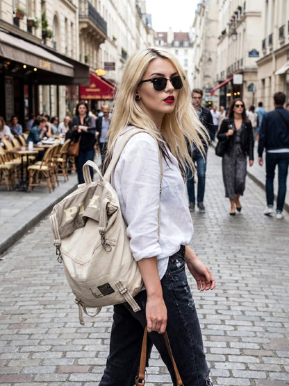 Canvas Rucksack Bag Women 2in1 worn as a backpack in urban outdoor everyday life