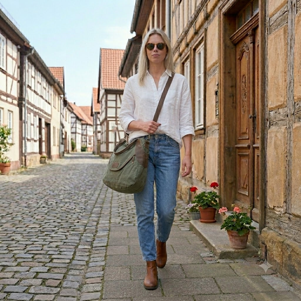 Blonde Frau im Urban-Look geht auf einer historischen kopfsteinpflaster Straße und trägt eine olivgrüne Canvas Crossbody-Bag am langen Riemen über der Schulter – Großer Damen-Shopper aus Segeltuch, kombiniert mit blauer Jeans und weißer Bluse.