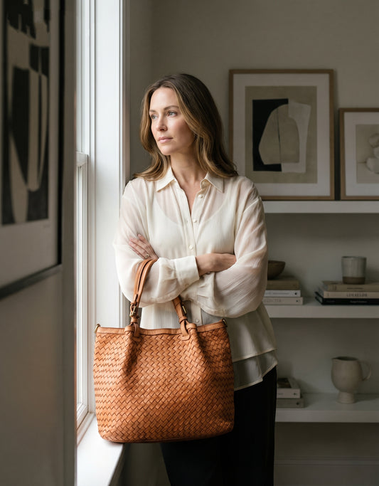 Frau trägt CESTINO B hellbraun Handtasche als Umhängetasche im Alltag Outfit. 