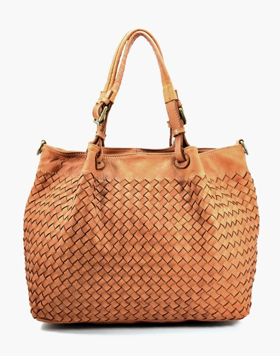 Cestino Leder Geflochtene Handtasche Damen in Cognac-Braun, luxuriöse Flechttasche aus echtem Kalbsleder im Korbstil